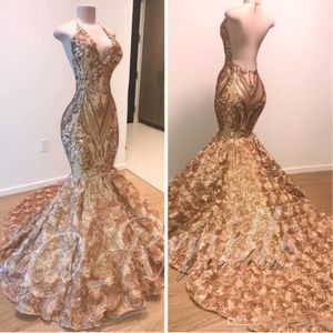 Elegant 2021 Afrikaans goud prom -jurken Mermaid Halter V Neck 3D Flowers Mouwloze avondjurk Lang Arabische Dubai Party -jurken 350F