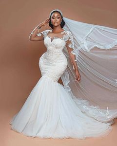 Robe de mariée sirène élégante, grande taille, col transparent, manches longues, dentelle appliquée, traîne de balayage, 2021