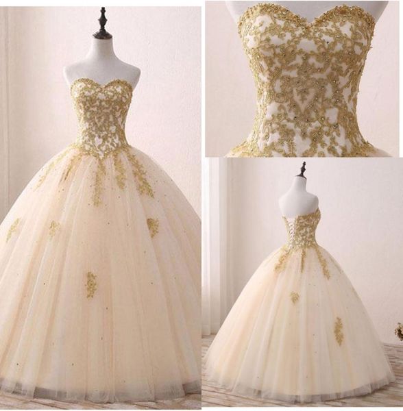 Élégant 2021 Robes de quinceanera chérie appliques sans manches en or robe de bal de dentelle dorée 16 ans Robe de bal princesse en soirée Go7568347