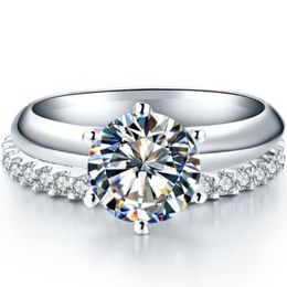 Elegantes anillos de diamantes sintéticos de 2 quilates para mujer, joyería de plata de ley 925 auténtica, anillo de promesa chapado en oro blanco para Her189b