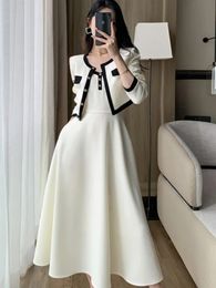 Conjunto de vestido elegante de 2 piezas para dama abrigo corto ALine Midi camisola vestidos delgados moda coreana traje femenino primavera otoño 240321