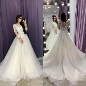 Élégant 3/4 manches longues robes de mariée robe de mariée 2022 dentelle appliques balayage train grande taille boutons couverts dos sur mesure pays robe de novia