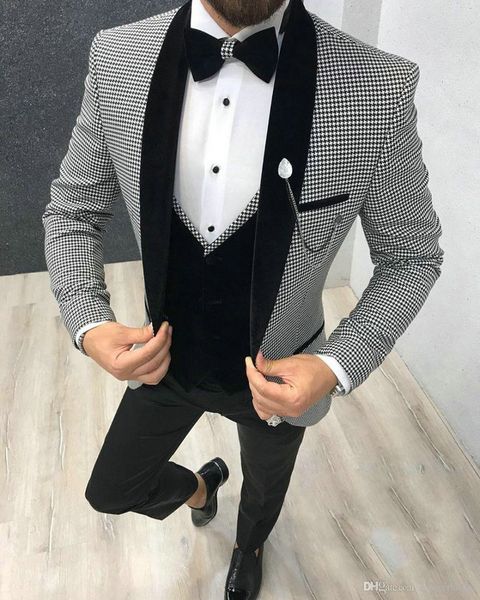 Élégant 3 pièces hommes costume 2020 matin dîner fête bal costume pied de poule marié mariage hommes costume Blazer coupe ajustée meilleur homme smoking