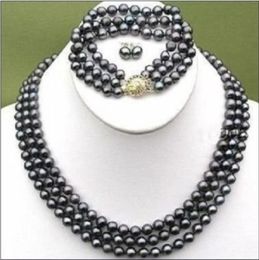 3 Rijen Zwart 6-7mm Tahitian Pearl Necklace Armband Earring Set