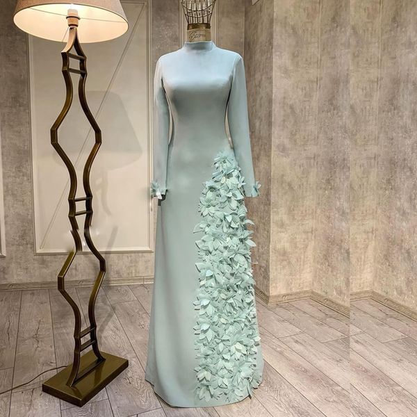 Vestidos de Noche elegantes con cuentas de flores en 3D, vestido de noche musulmán de manga larga con cuello alto, vestido Formal de satén con tubo 2024