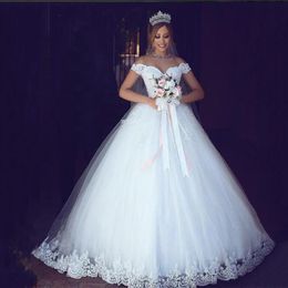 Elegante A-lijn Vloerlengte Trouwjurken Off-shoulder Kant Applicaties Wit Ivoor Goedkope Bruidsjurken Bruid Plus Size Lang Weddin2426