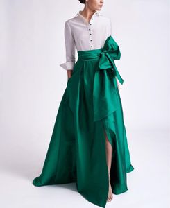 Elegante A-lijn groene moeder van de bruid/bruidegom jurken met zakken/boog/split V-hals lengte meter meter jurk formele feestjurk voor vrouwen