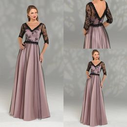 Elegante A-lijn Moederjurken V-hals 3/4 Tule Tule Kant Applique Moeder van de Bruid Jurk Vloer-lengte Custom Made Formal Party Dress