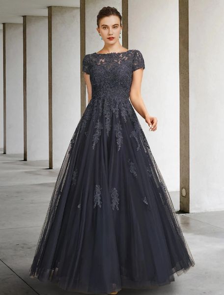 Robe trapèze élégante pour mère de la mariée, col bateau, dentelle, Tulle, manches courtes, avec des Appliques, Robe De soirée pour invités de mariage