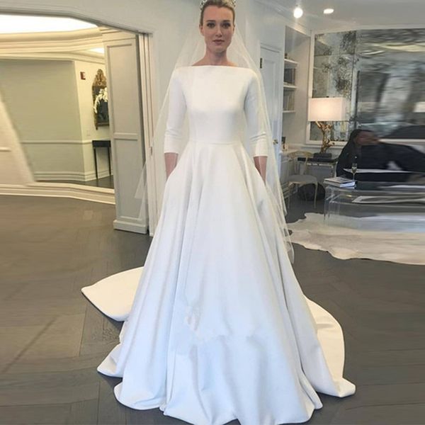 Elegante una línea de vestidos de novia de satén mangas de tres cuartos con botón en la espalda vestidos de novia de novia simples tren barato Vestido De Noiva