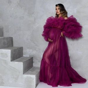 Élégant Une Ligne Tulle Robes De Soirée À Volants À Manches Longues Hors Épaule Femmes Enceintes Robe Plissée Robes De Maternité pour Séance Photo Sur Mesure