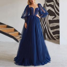 Elegante een lijn tule prinses eenvoudige prom jurken lange mouwen gestippelde tule sweetheart donkere marine blauwe formele jurk avondjurken