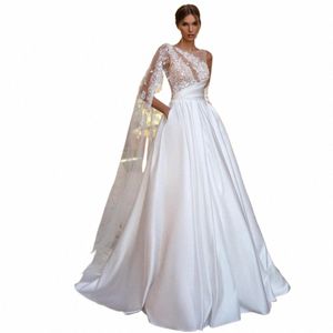 Élégant A-ligne Mariage Dres Femmes 2024 Dos Ouvert Dentelle O-cou Satin Plissé Applique Robes De Mariée Balayage Train Robes De Noiva F3Sv #