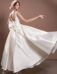 Robe De mariée trapèze élégante en Satin pour femmes, col carré, longueur cheville, avec nœud, robes De soirée De mariée, 2024