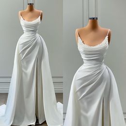 Élégante une ligne robe de mariée ogstuff perles décolleté surjupe robes de mariée plis vestidos de novia balayage train split designer robes de mariée