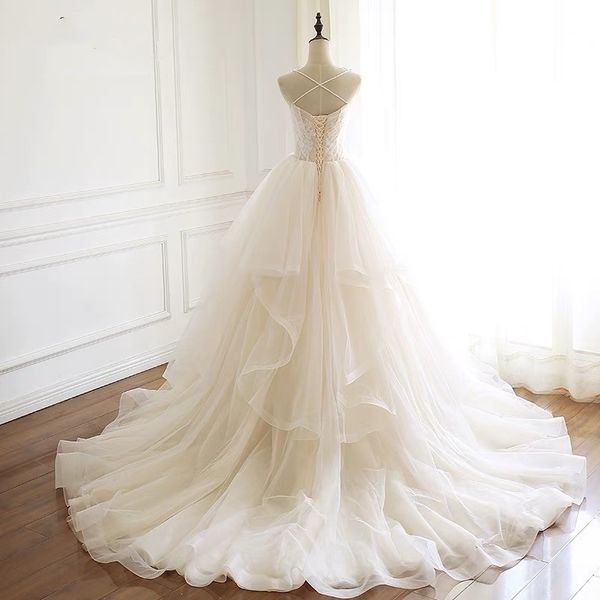 Robe De mariée trapèze élégante avec col en V, sans bretelles, dos nu, en Tulle sur mesure, longueur au sol