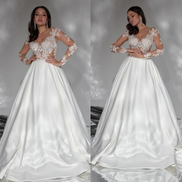 Robes De Mariée A-ligne Élégantes Col En V Profond Candidats En Satin Transparent Manches Longues Dos Nu Robe De Cour Sur Mesure Plus La Taille Robe De Mariée Douce Vestidos De Novia