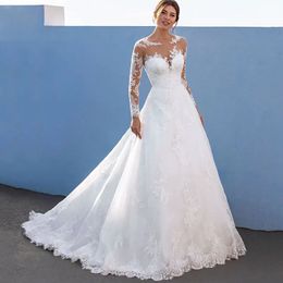 Elegante A-lijn Trouwjurken Voor Vrouwen Lange Kanten Mouwen Met Applicaties Bruidsjurk Illusie Tule vestidos de novia