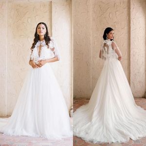 Elegante A-lijn trouwjurken jurken kanten tule v nek lange mouwen backless halter 3D bloem appliques pailletten bruidsjurken plus size mantel op maat gemaakt