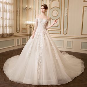 Elegant een lijn trouwjurken van schouderbling lovertjes lovertjes kralen kanten appliques lange mouw veter omhoog bruidsjurken Vestidos de novia