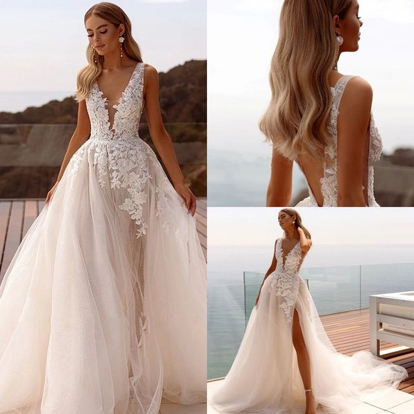 Vestidos de novia elegantes de corte a, apliques con cuello en V, vestido de novia de tul blanco con abertura alta y espalda descubierta para mujer, personalizables a medidas