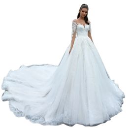 Élégante ligne A robes de mariée princesse blanche bijou cou 3/4 manches longues en dentelle appliques pays robes de mariée poche satin robe de novia 01