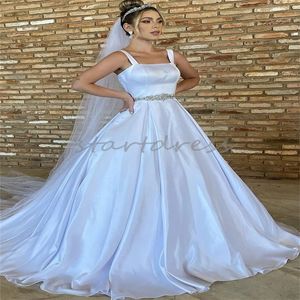 Élégante ligne A robe de mariée en satin blanc avec des bretelles de réservoir sexy perlées plage d'été robes de mariée civile balayage train princesse jardin mariée robe de mariage vestios novia