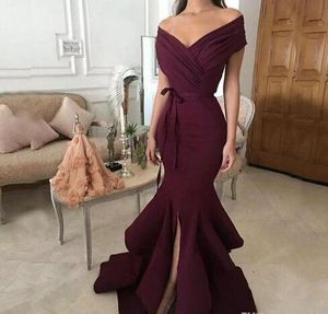 Elegante Abendkleider Bourgondië Mermaid Avondjurken 2018 Off Shoulder Split Roes Rok Lange Arabische Dubai Formele Jurk Party Prom-jurken