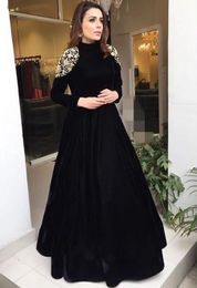 Elegante Abiye Zwarte Lange Mouwen Arabische Moslim Avondjurken 2023 Kant Applique Een Lijn Vloerlengte Jurk Robe De Soiree