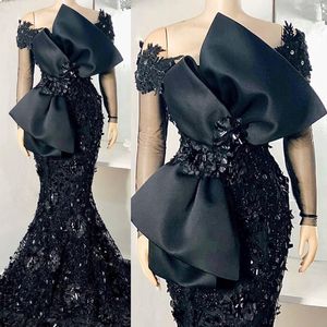 Elegante Afrikaanse zwarte zeemeermin avondjurken Volledige mouwen Kant geappliceerd kralen Arabisch Aso Prom-jurken met boog gewaad de soiree