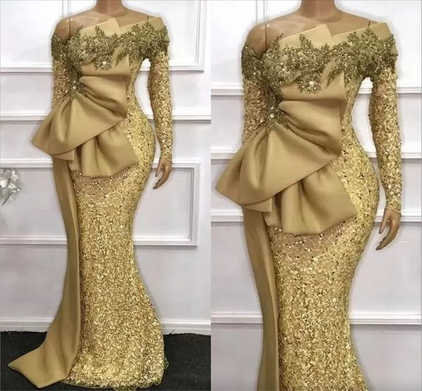 Elegantes vestidos de noche de sirena africana con lentejuelas brillantes, mangas largas, arco grande, peplum de satén, vestidos de fiesta, talla grande, arábigo aso ebi, mujer