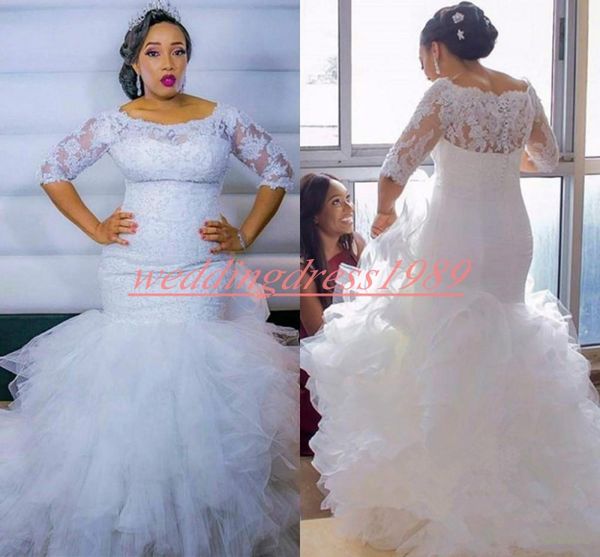 Robes de mariée élégantes en dentelle de sirène africaine 2019 demi-manches Illusion Tiers Pays Nigérian Plus Taille Robe de mariée Robe de mariée personnalisée