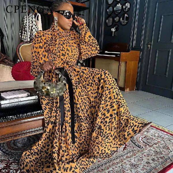 Robe de soirée africaine élégante pour femmes, vêtements de printemps à manches longues, imprimé léopard, taille haute, dinde, grande taille, tenues Dashiki 240111