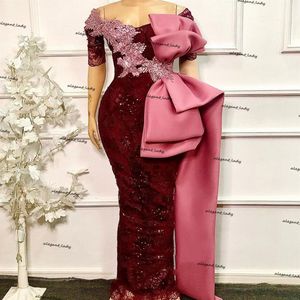 Elegante Afrikaanse Korte Mouwen Mermaid Avondjurken 2021 Off Shoulder Kant Kralen Bordeaux Grote Boog Prom Jassen Robe De Soiree254U