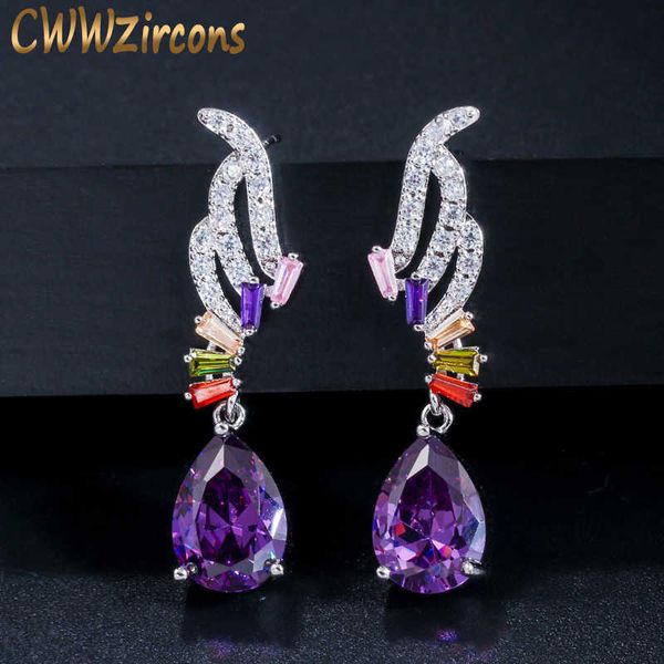 Pendientes colgantes de cristal de circón cúbico púrpura con diseño de ala de ángulo elegante gota de agua larga para mujer joyería de fiesta CZ596 210714