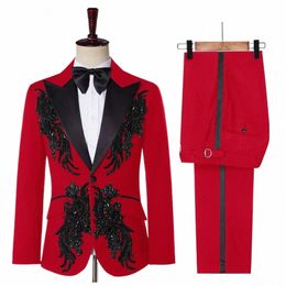 Costume élégant appliqué en deux pièces pour hommes, pour mariage, banquet, hôte, danse, bal de noël, costume pour hommes, blazer de style chinois D6rn #