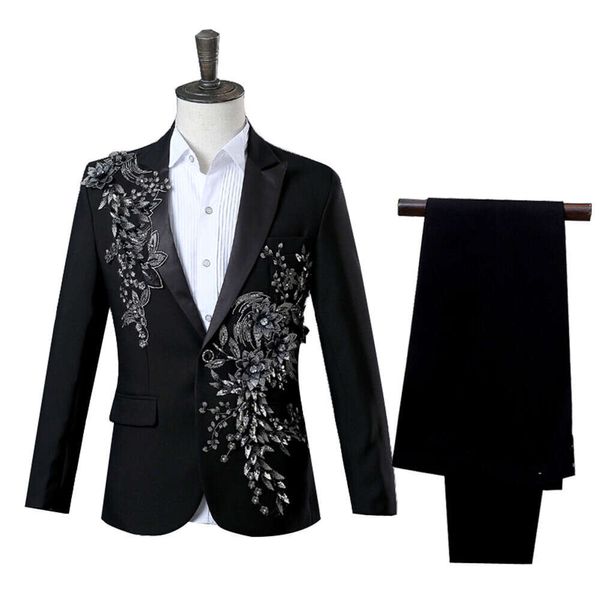 Traje elegante de dos piezas con apliques para hombre, traje para boda, banquete, baile, graduación, Navidad, Blazer para hombre, estilo chino