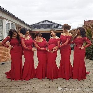 Elegante Arabische Afrikaanse Stijl Rode Bruidsmeisjesjurken Plus Size Zwangerschap Off Shoulder Lange Mouwen Galajurken Zwangere Formele Dress218m