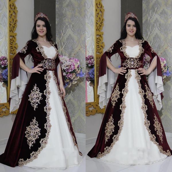 Élégant Arabe Bourgogne Et Blanc Velours Maroc Caftan Robes De Soirée En Dentelle Appliques Manches 3/4 Flare Islamique Dubaï Robe De Bal Longue Robe De Soirée Formelle