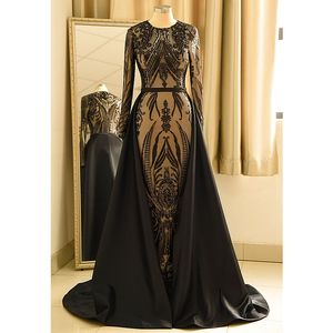 Elegante Arabische kaftan lovertjes zeemeermin prom -jurken met afneembare trein 2024 glitter zwarte zwarte lange mouwen moslim formele avondjurken juweel nek