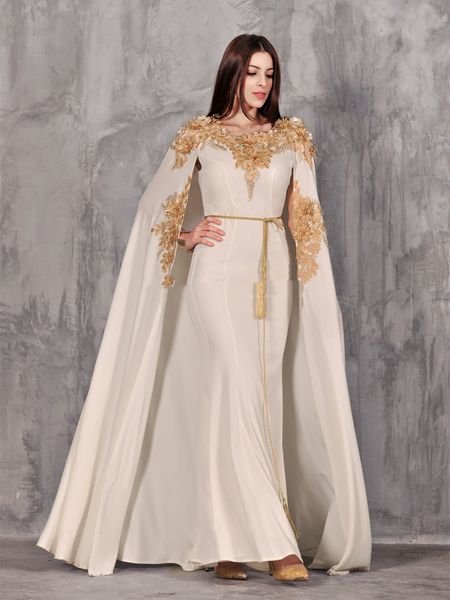 Elegante árabe Dubai sirena vestidos de noche formales con abrigo largo encaje dorado flores apliques cristales cuentas vestidos para ocasiones especiales para mujeres 2021 vestido de fiesta con capa