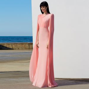 Elegante Arabische Dubai Pink Formele Avondjurken Plooien Cape Mouw Simple Muslim Mermaid Prom Dress Jewel Neck Special Occaion Jurken