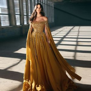 Elegante Arabische gouden chiffon avondjurken pailletten gekralen van schouderkaap mouwen sprankelend een lijnvloer lengte duabi prom jurk 2024 vrouwen formele gelegenheid jurk