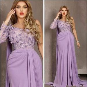 Elegante Arabische Lilac avondjurken kant kralen prom jurken mantel formeel feest bruidsmeisje receptie jurken plus size moeder jurk