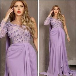 Elegant Arabic Lilac Evening Lace Beaded Prom Dresses Sheath Formal Party Bridesmaid Reception Gowns Plus Size Mother Dress