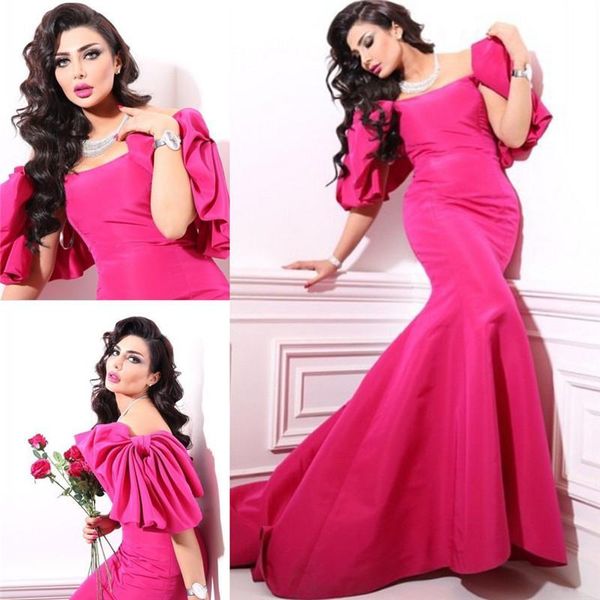 Elegante sirena árabe Vestidos de noche formales Cuello cuadrado Manga corta Tallas grandes Fucsia Vestido largo de fiesta para mujeres Ropa para ocasiones especiales