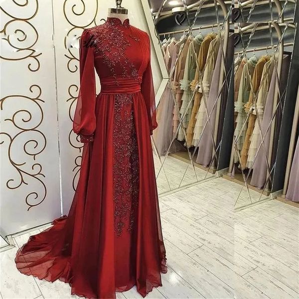 Élégant arabe musulman rouge foncé robes de soirée pour les femmes 2024 col haut manches longues dentelle appliques robes d'occasion formelles classique une ligne robe de soirée de célébrité