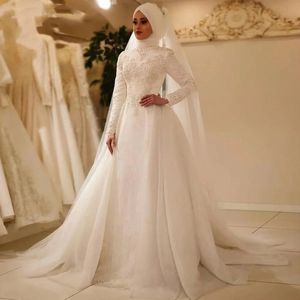 Elegante vestido de novia musulmán árabe para mujer 2024 Perlas rebordear Cuello alto Mangas largas Encaje Una línea Vestidos de novia con falda desmontable Velos Robe De Mariage