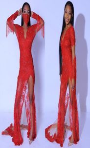 Élégant arabe rouge transparent à manches longues en dentelle de bal robes d'illusion appliques perles sexy les robes de soirée divisées