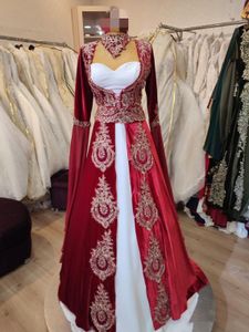 Elegante Arabisch Turkse Kaftan Avondjurken Goud Velvet kralen bindalli etnische folk lange mouwen formele feestjurken een lijn bordeaux en witte prom jurk